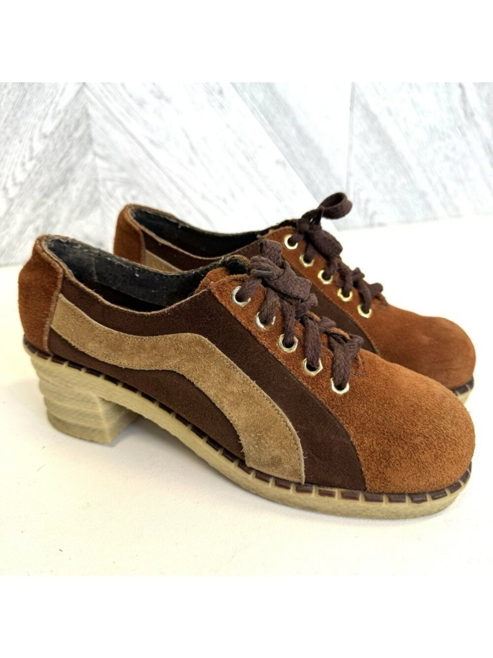 Vintage 70s Date Mate Disco Oxford Heels Suede Colorblock Shoes Womens 7.5